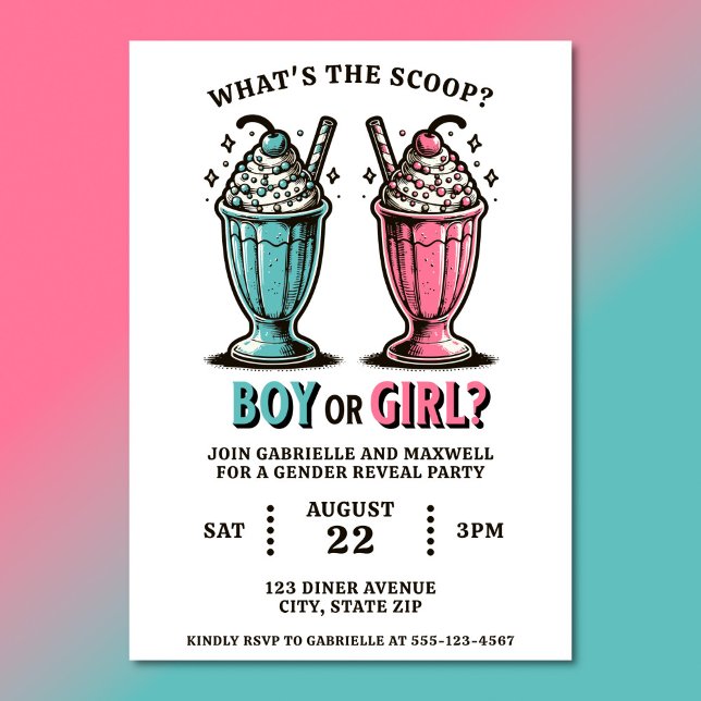 Convites Sexo Revele Sorvete Sorvetes Rosa E Azul (Gender reveal party invitations with 1950s inspired ice cream milkshakes)