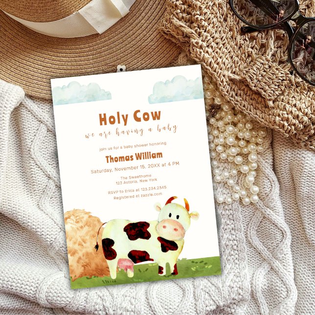 Convites Sexo Santa Fazenda  Chá de fraldas animal (Gender Neutral Holy Cow Farm Animal Baby Shower Invitation)