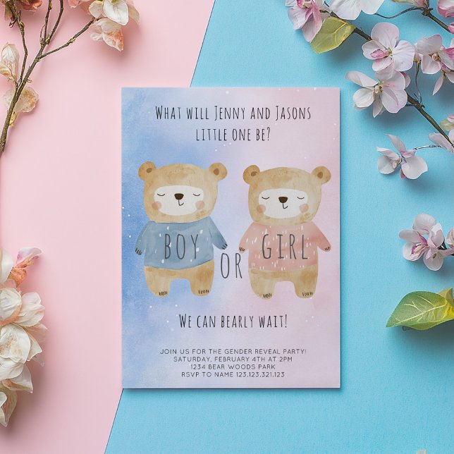 Convites Sexo Ursos Reveladores Estimulados cor-de-rosa fun (Cute sleepy bears one in pink, on in blue gender reveal invitation card. The card says "Boy or Girl")