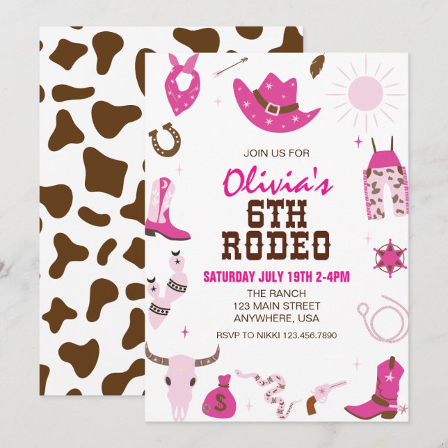 Convites Sexto Rodeio Rosa Choque Ocidental Aniversário de  (Frente/Verso)