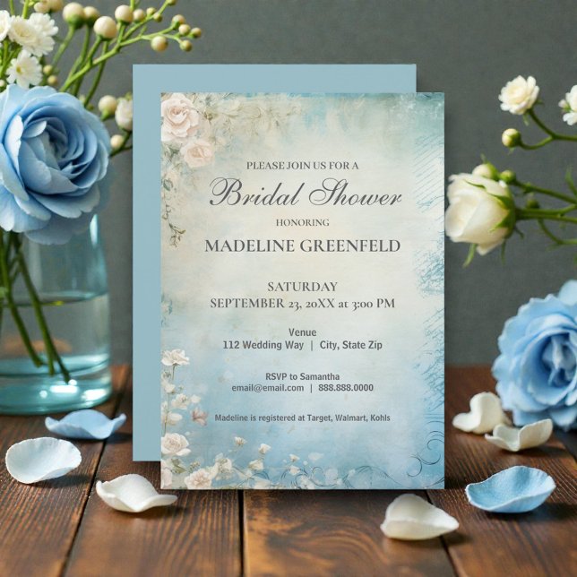 Convites Shabby Chic Baby Blue Floral Bridal Shower (Criador carregado)