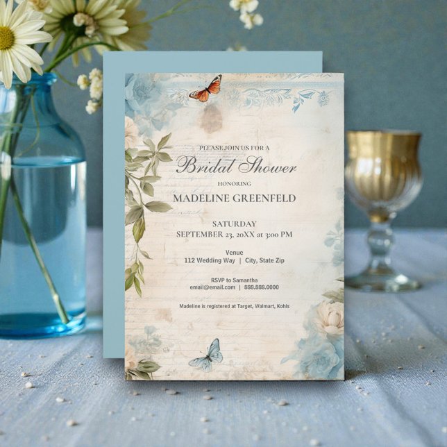 Convites Shabby Chic Baby Blue Floral Bridal Shower (Criador carregado)