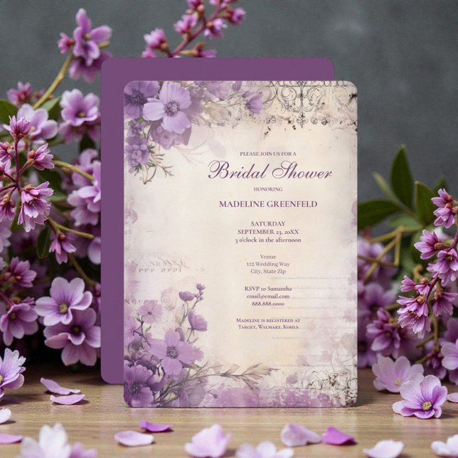 Convites Shabby Chic Purple Lavender Floral Bridal Shower (Criador carregado)