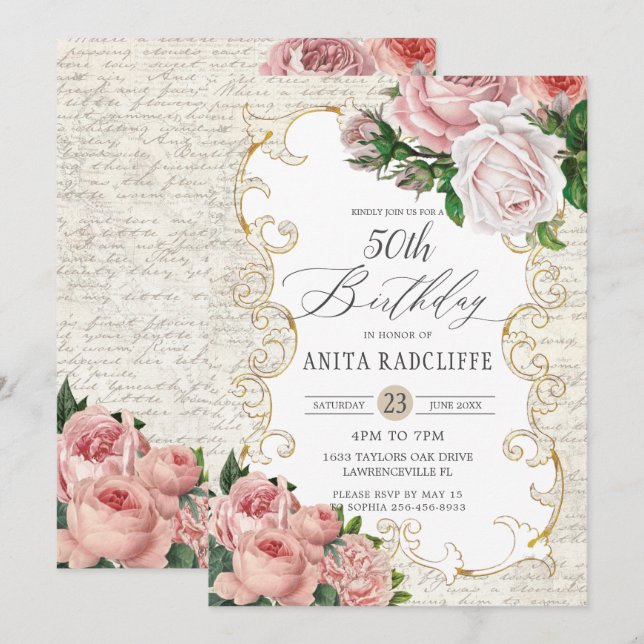 Convites Shabby Chic Vintage Rosas Francesas Aniversário QU (Frente/Verso)