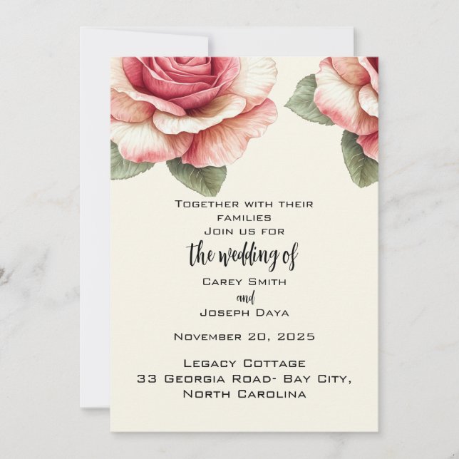 Convites Shabby Pink Rose Wedding  (Frente)