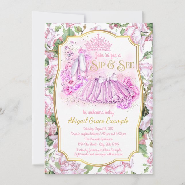 Convites Shabby Rose Tutu Princesa Sip and See (Frente)