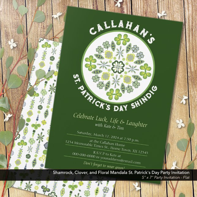 Convites Shamrock Clover Mandala Rua do Dia de Patrick (Shamrock, Clover, and Floral Mandala: St. Patrick's Day Party Invitation)
