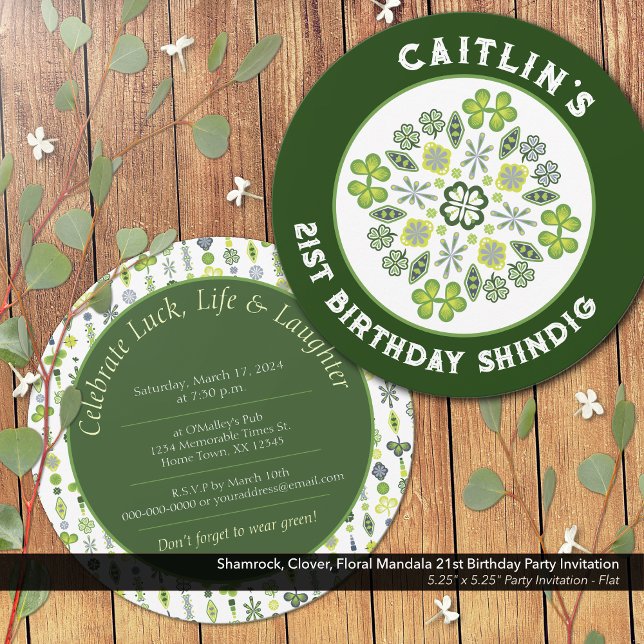 Convites Shamrock Mandala - aniversário de 21 anos (Shamrock, Clover, and Floral Lucky Mandala: 21st Birthday Party Invitation)