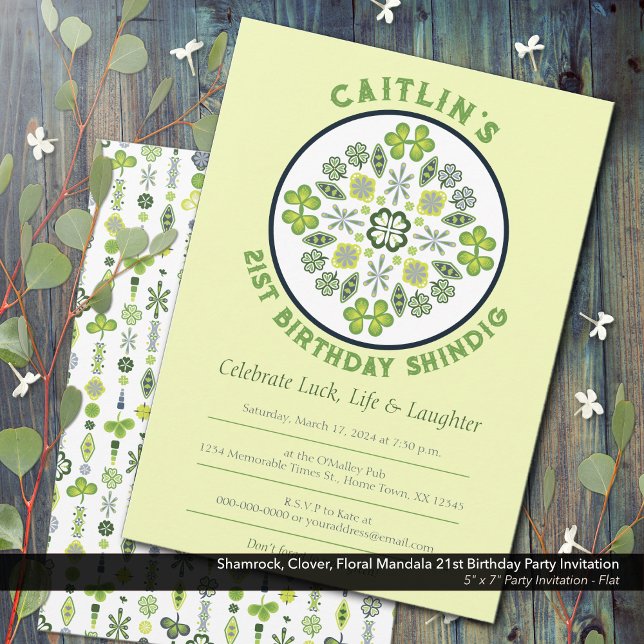 Convites Shamrock Mandala - aniversário de 21 anos (Shamrock, Clover, and Floral Lucky Mandala: 21st Birthday Party Invitation)