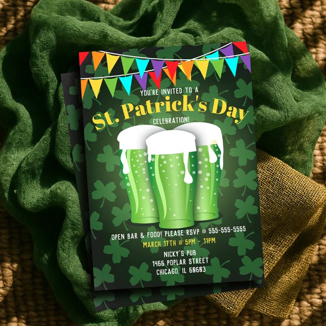 Convites Shamrock Verde do Partido da Cerveja do Dia de Pat (St Patrick’s Day Beer Party Green Shamrock Invitation)