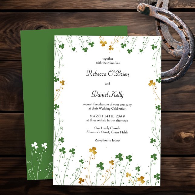 Convites Shamrock Wildflower Green Dourado Casamento Elegan (Wedding Invitation from my Shamrock Wildflower wedding collection - printed or printable download)