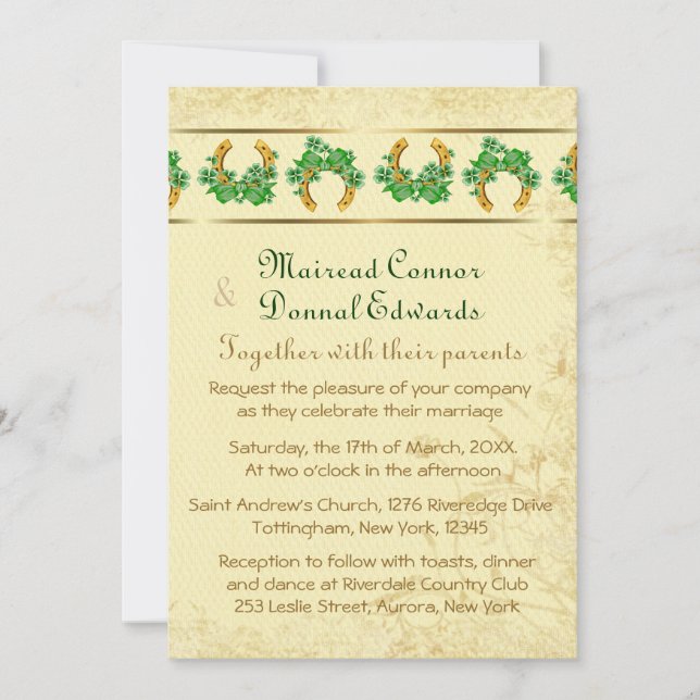 Convites Shamrocks e Casamento Dourado Irlandês (Frente)