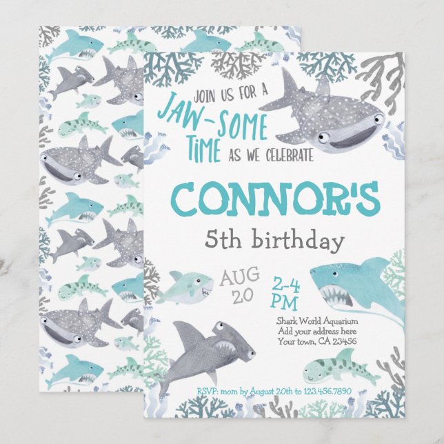 Convites Shark Birthday Invitation (Frente/Verso)