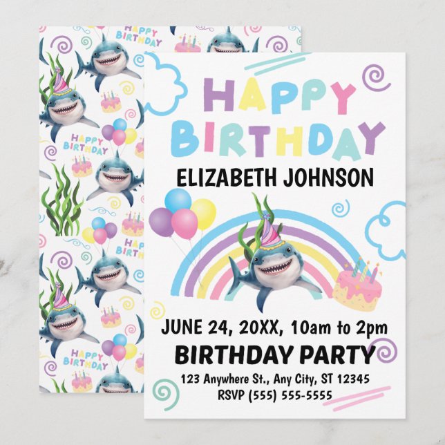 Convites Shark Birthday Invitation  (Frente/Verso)