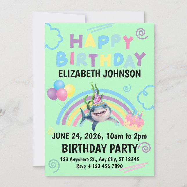 Convites Shark Birthday Invitation in Green (Frente)