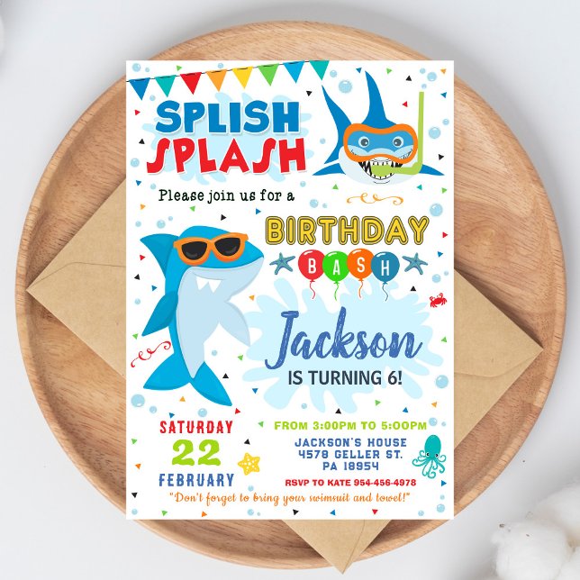 Convites Shark Birthday Invite Splish Splash Birthday Bash (Criador carregado)
