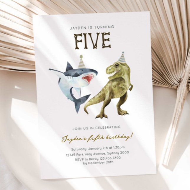 Convites Shark & Dino 5th B'day Invite, T-rex Shark Party (Criador carregado)