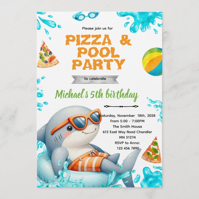 Convites Shark Pool pizza Party Birthday Invite (Frente)