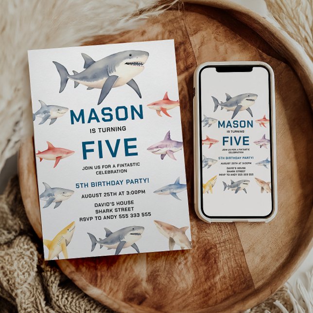 Convites Shark Splash 5th Birthday Party | Cute Ocean Kids (Shark Splash 5th Birthday Party | Cute Ocean Kids Invitation)