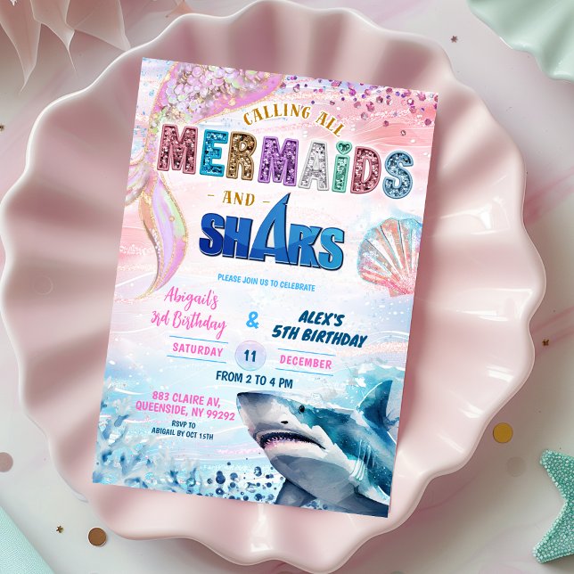 Convites Sharks and Mermaids Joint Birthday invitation (Criador carregado)