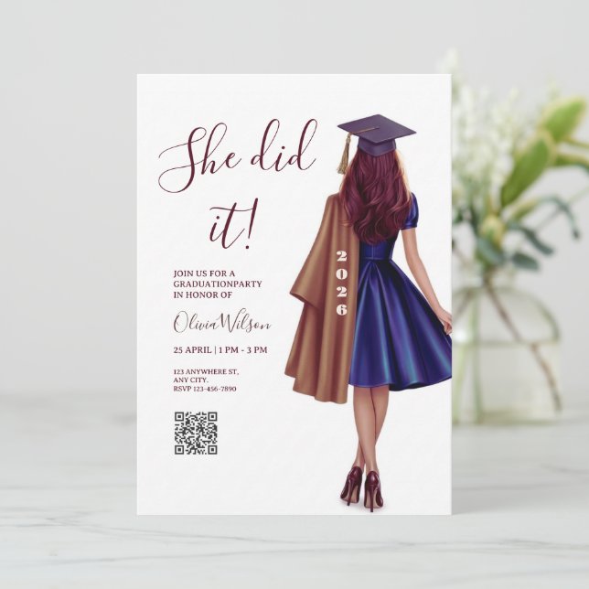 Convites She Did It | Brown Bronze Elegant Graduation Party (Em pé/Frente)