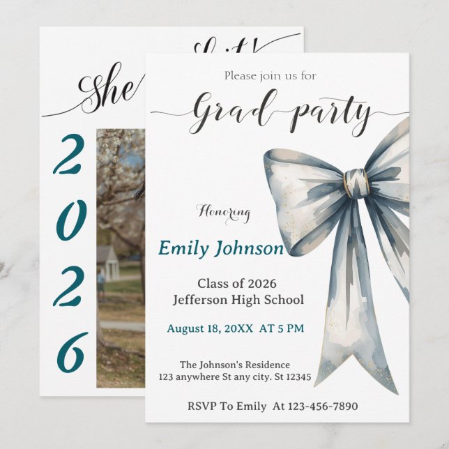 Convites She did it Graduation invitation Photo Blue Bow  (Frente/Verso)