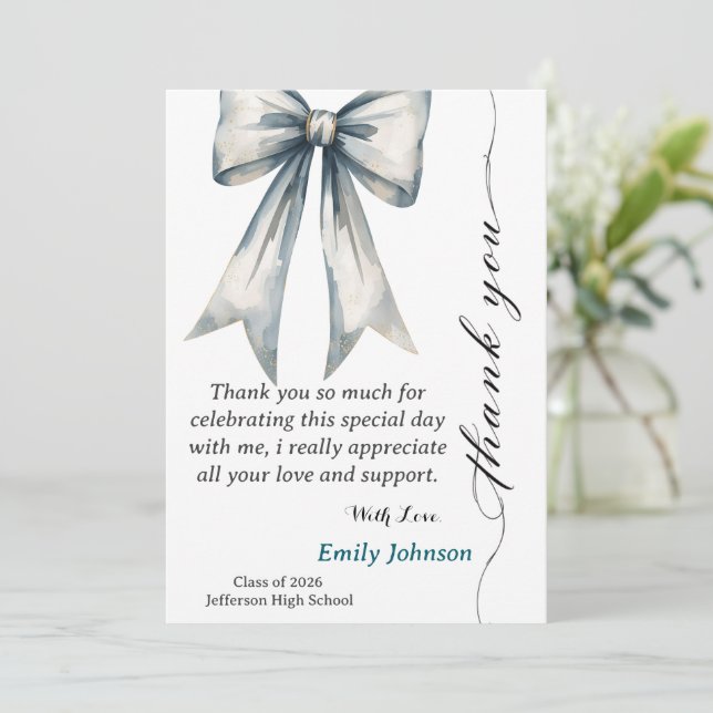 Convites She did it Graduation Thank you  Photo Blue Bow  (Em pé/Frente)