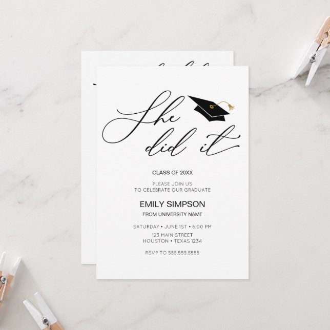 Convites She did it modern Graduation invitation (Frente/Verso In Situ)