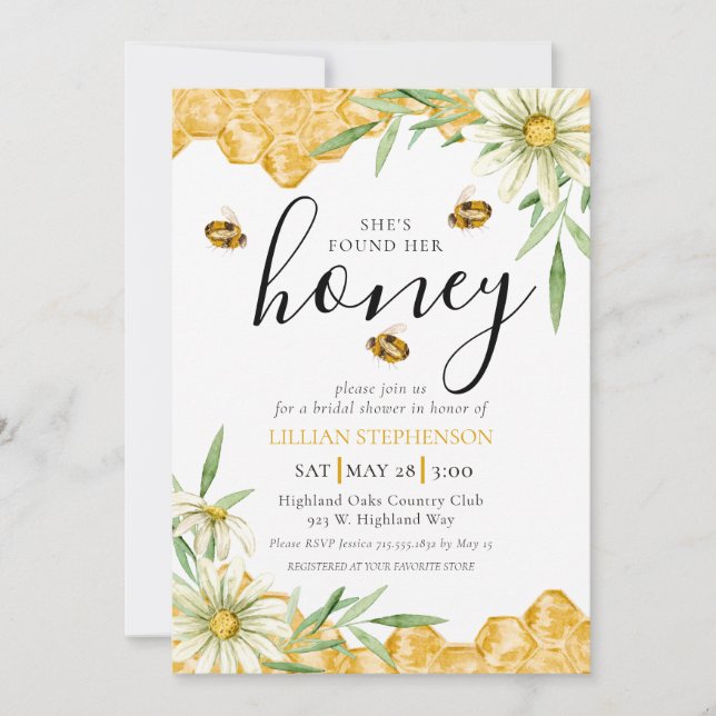 Convites She Found Her Honey Bee Themed Daisy Bridal Shower (Frente)