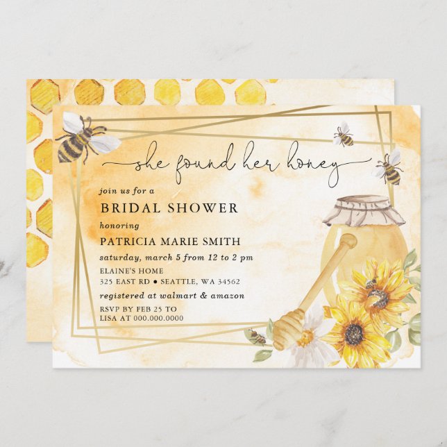 Convites She Found Her Honey Floral Bee Bridal Shower (Frente/Verso)