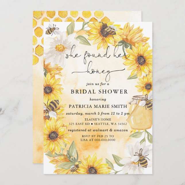 Convites She Found Her Honey Floral Bee Bridal Shower (Frente/Verso)