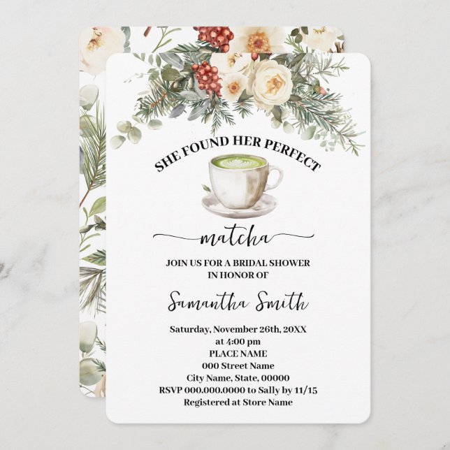 Convites She Found Her Matcha Winter Bridal Shower (Frente/Verso)