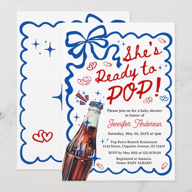 Convites She is Ready to POP Blue Coquette Invitation (Frente/Verso)