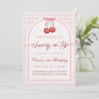 Convites She is the Cherry on Top Gingham 1st Birthday