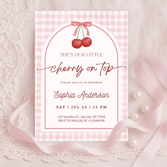 Convites She is the Cherry on Top Gingham Baby Shower (Criador carregado)