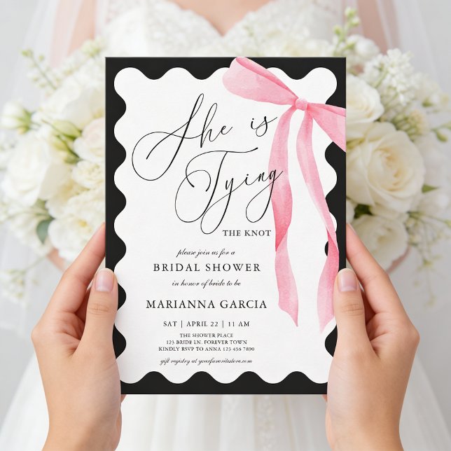 Convites She is Tying the Knot Pink Bow Bridal Shower (Front of the invite shown in 5 x 7 inches, choose size, paper, and corner style.)