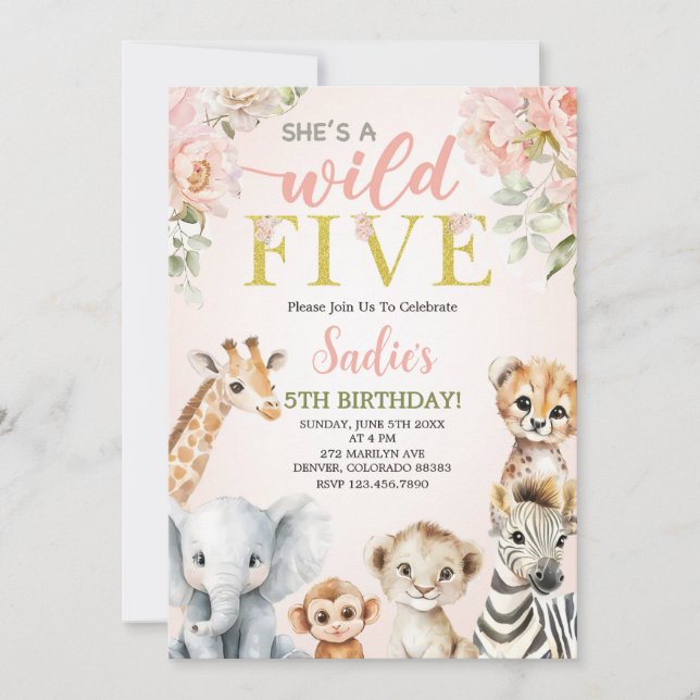 Convites She’s a Wild Five Floral Safari Girl 5th Birthday (Frente)