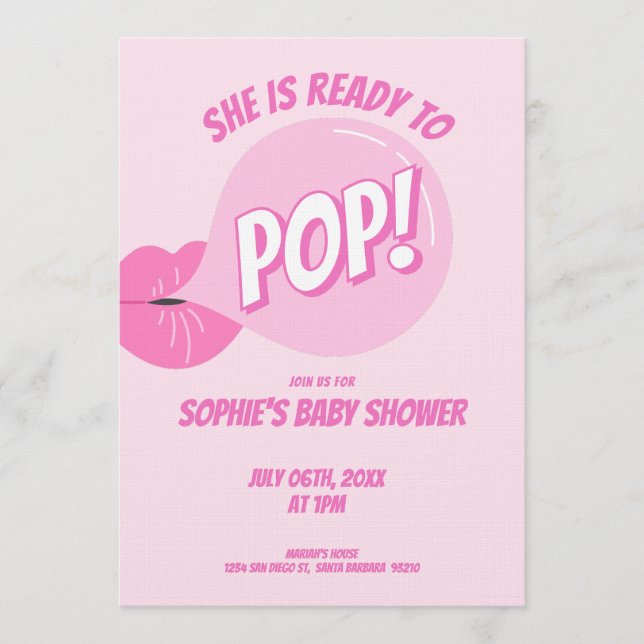 Convites She’s Ready to Pop Bubble Gum Girl Baby Shower (Frente)