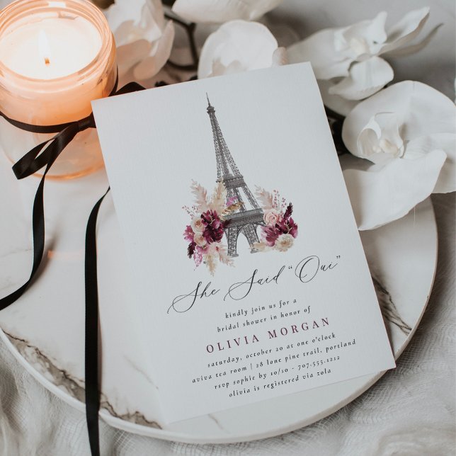 Convites She Said Oui Burgundy Floral Paris Bridal Shower (Criador carregado)