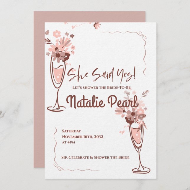Convites She Said Yes Blush Floral Champagne Bridal Shower (Frente/Verso)