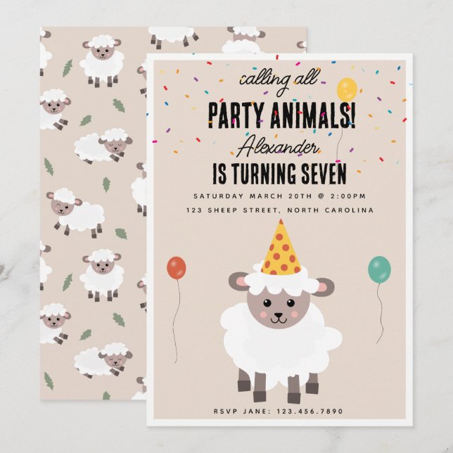 Convites Sheep Lamb Cute Farm Party Animals Birthday (Frente/Verso)