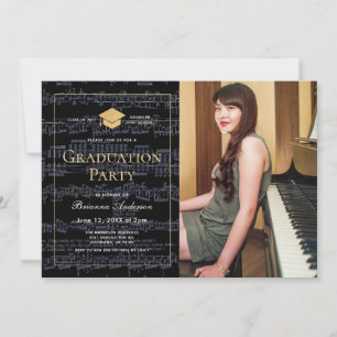 Convites Sheet Music Black & Gold Photo Graduation Party