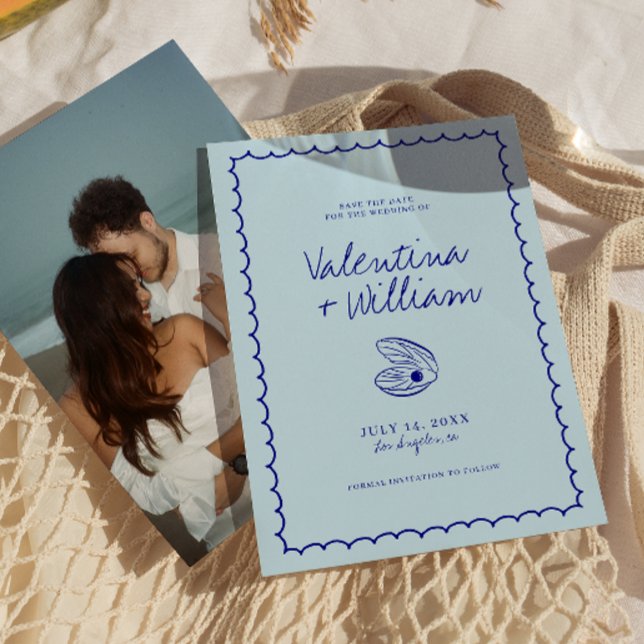 Convites Shell Azul-Mediterrânico Moderno Salva a Data (Criador carregado)