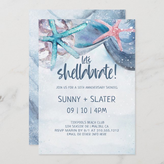 Convites Shellabration | Aniversário da Beach Seashells (Frente/Verso)