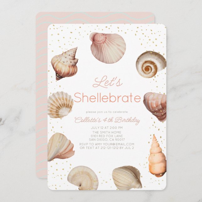 Convites Shellebrate Seashell - Aniversário Realista (Frente/Verso)