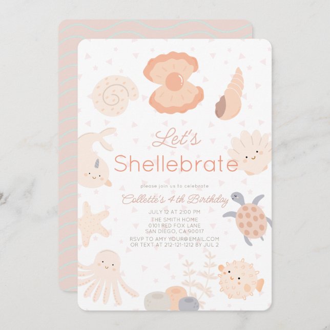Convites Shellebrate Seashell Creatures Rosa Birthday (Frente/Verso)