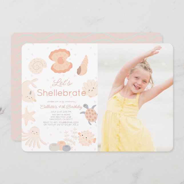 Convites Shellebrate Seashell Pink Foto de Aniversário (Frente/Verso)