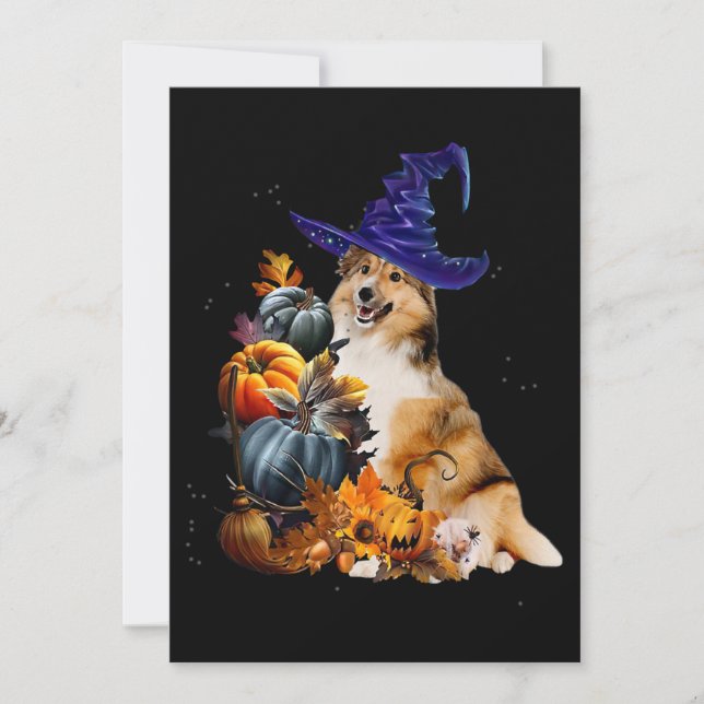 Convites Sheltie Dog Witch E Pumpkins Halloween Thanksgate (Frente)