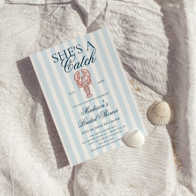 Convites She's a catch Lobster Blue Striped Bridal Shower (Criador carregado)
