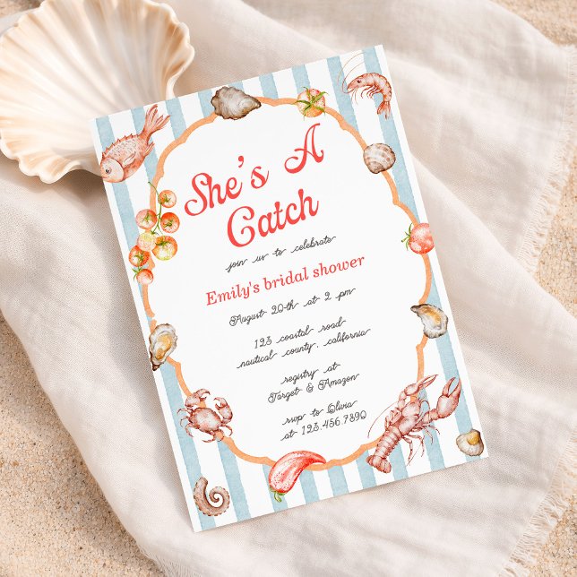 Convites She's A Catch Lobster Coastal Bridal Shower (Criador carregado)